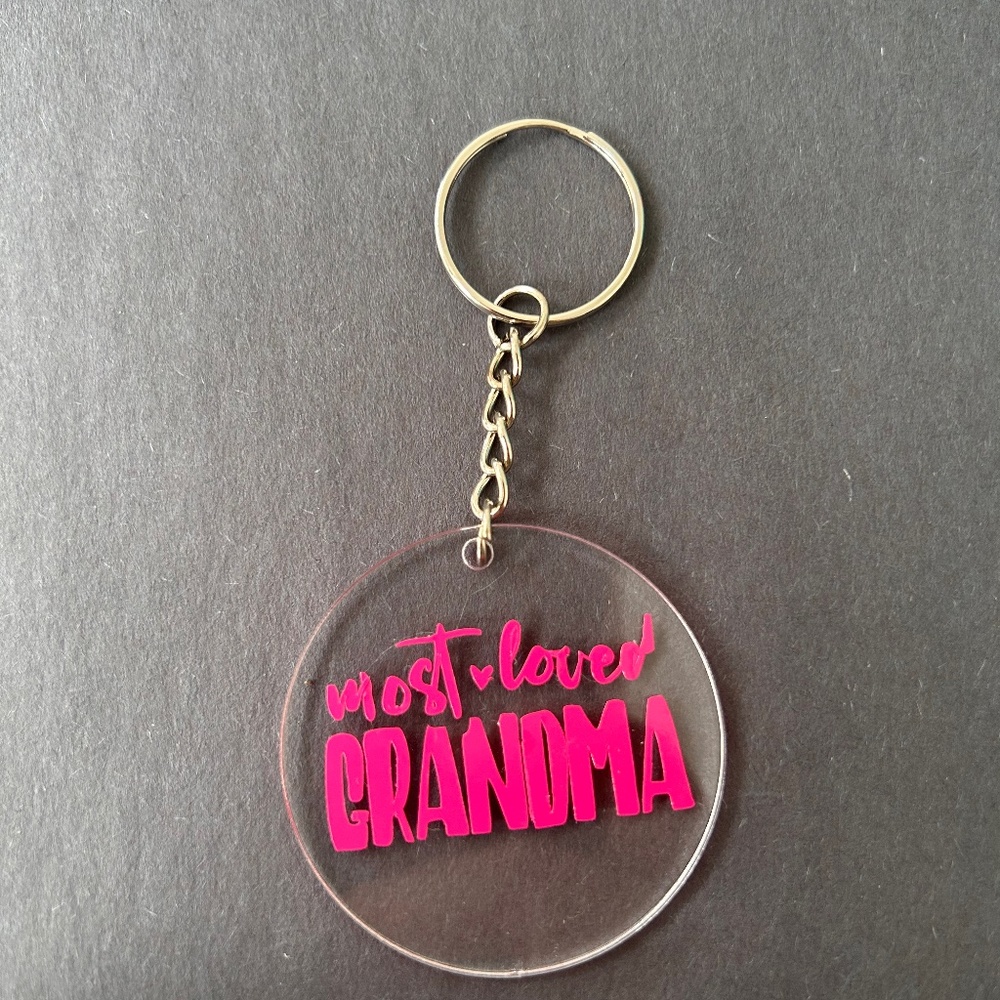 Handmade pink most loved grandma round acrylic keychain